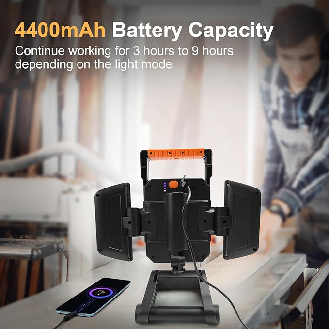 Tresda 4000LM LED Work Light Rechargeable with Clamp, 40W Magnetic Work Light Battery Powered with 5 Light Modes, 350° Rotation, Portable Job Site Lighting for Construction Site,Workshop,Car Repairing