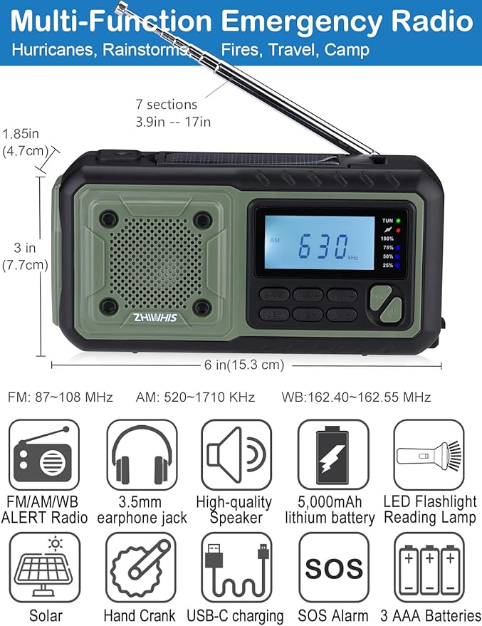ZHIWHIS Emergency Radio, NOAA Weather/AM/FM Portable Hand Crank Solar Radios with SOS Alarm, Battery Powered and Built-in 5000mAh Li-Battery, Flashlight/Reading Lamp/Alerts for Emergencies ZWS-376