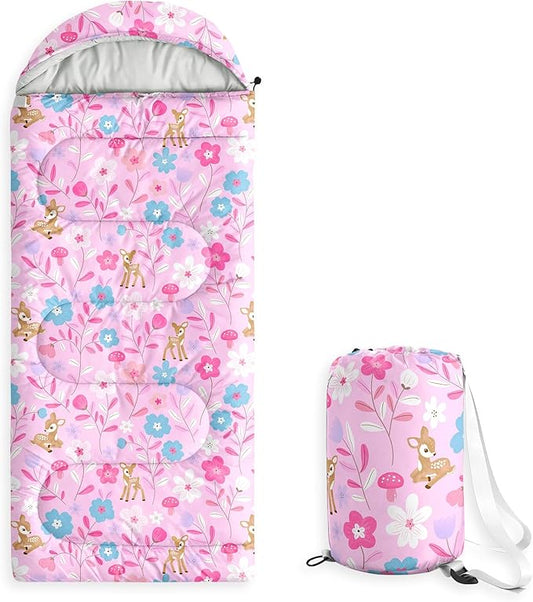 Wake In Cloud - Kids Sleeping Bag for Girls Toddlers, Camping in Warm Cold Weather, Backpacking Lightweight Compact Outdoor Liner for 3 Seasons, Deer Floral Garden