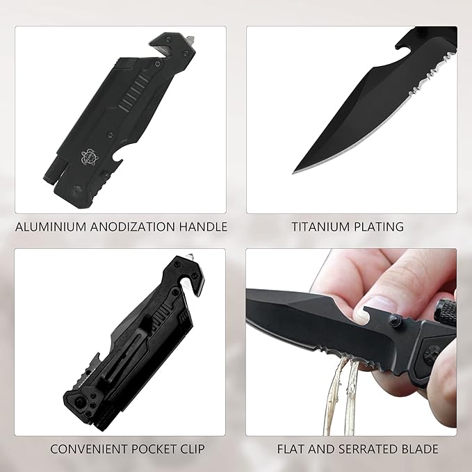8.5" Military Outdoor EDC Camping Pocket Knife, 7 in 1 Multi-Function Folding Knives with Fire Starter LED Light Seatbelt Cutter Glass Breaker Bottle Opener Tactical Blade (Black)