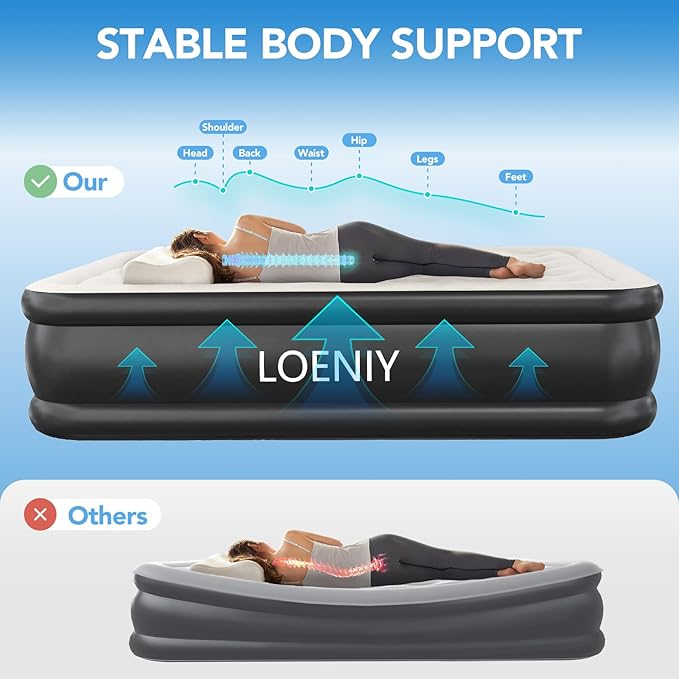Full Air Mattress with Built-in Pump, 18” High Inflatable Mattress with Storage Bag, 3 Mins Easy Inflation/Deflation Blow up Mattress, Flocked Top Inflatable Bed for Camping, Guests & Adults