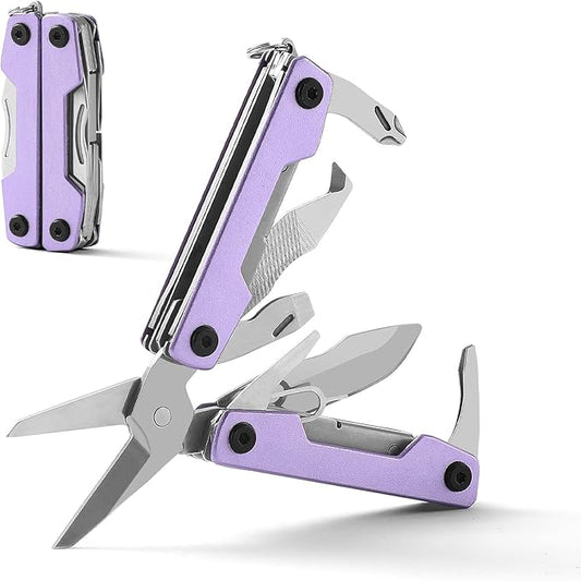 Multitool with Pocket Knife,Gifts for Men and Women, 11-in-1 Mini EDC Multitool with Screwdriver, Scissors, SIM Extractor and Bottle Opener, Perfect for Outdoor, Hiking, Simple Repair (Purple)