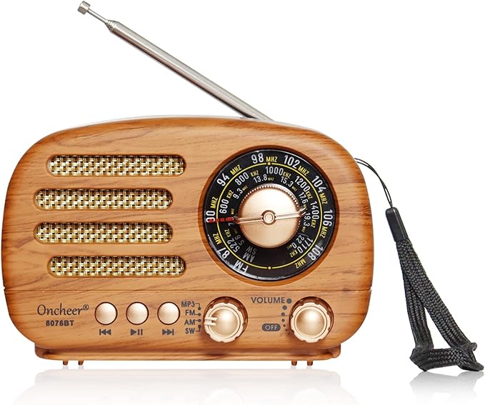 Oncheer Portable Vintage Decor Radio, Retro Bluetooth Speaker, FM/AM/SW Old Fashion Classic Style, Adjustable Antenna, Rechargeable Battery Powered, Support TF Card, USB Playing Music-Light Color