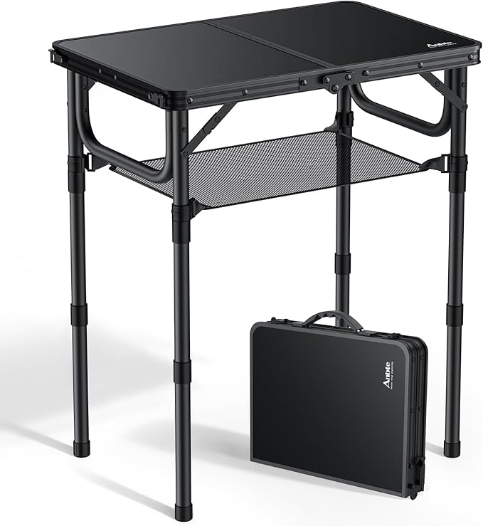 Anbte Folding Camping Table with Storage Net, Pure Black Aluminum 2ft Picnic Table 23.2" x 16" Outdoor Table Adjustable Height Max 27.5", Lightweight, Waterproof, Portable Handle for Travel Cooking