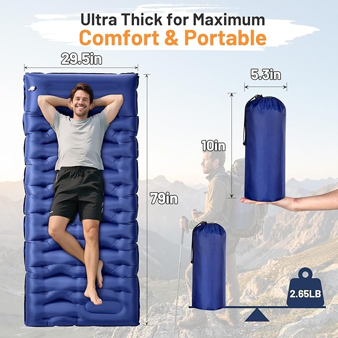 KASBAH Camping Sleeping Pad,Extra Wide 6 inch Thick Inflatable Sleeping Pads with Built-in Foot Pump and Pillow,Ultralight Camping Mat Gear for Outdoor Hiking,Camping