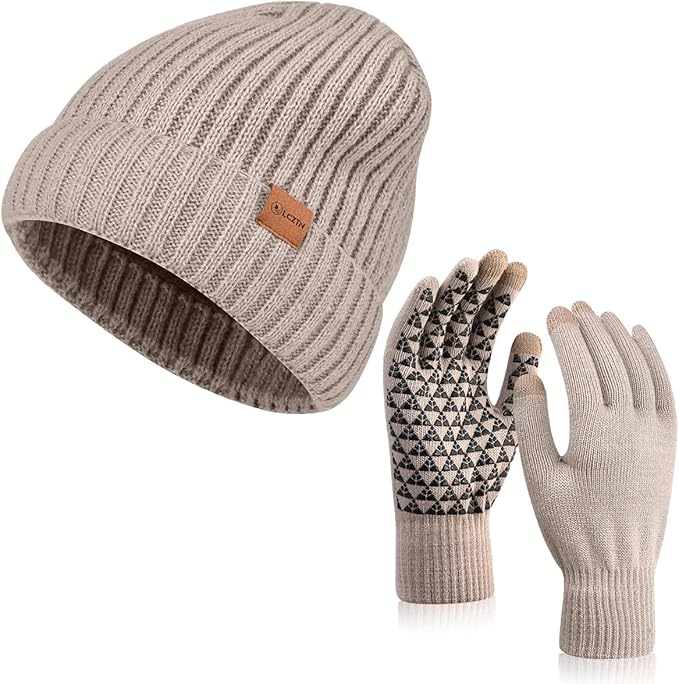 LCZTN Winter Beanie Hat and Touchscreen Gloves Set for Men and Women,Beanie Gloves Set with Warm Knit Fleece Lined