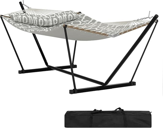 2 Person Double Hammock with Adjustable Steel Stand & Pillow, Heavy Duty Portable Outdoor Hammock Set, MAX 450 LBS Weight Capacity for Patio, Garden, Beach, Backyard