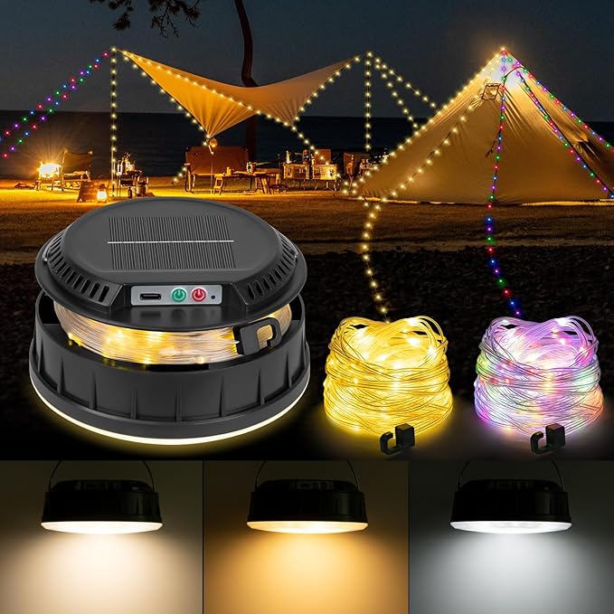 Solar Camping String Lights, 32.8 FT String Light with 13 Modes, 4 in 1 Waterproof Camp Lamp, Solar/Type-C Powered, Hanging Rechargeable Tent Lantern for Camping, Patio & Party (Black)