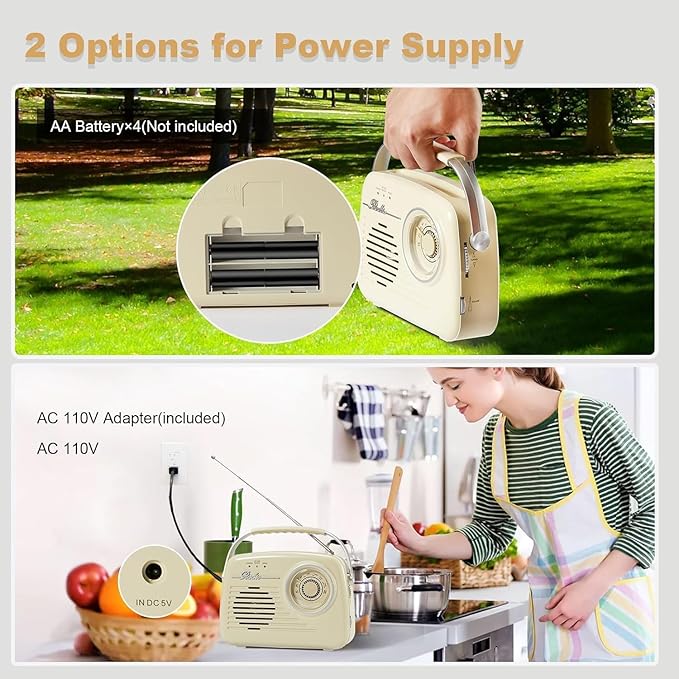 Portable AM FM Radios, Battery Powered and Plug in Wall for Home/Outdoor/Kitchen, Vintage Retro Radio with Bluetooth, Large Dial Easy to Use (p350)
