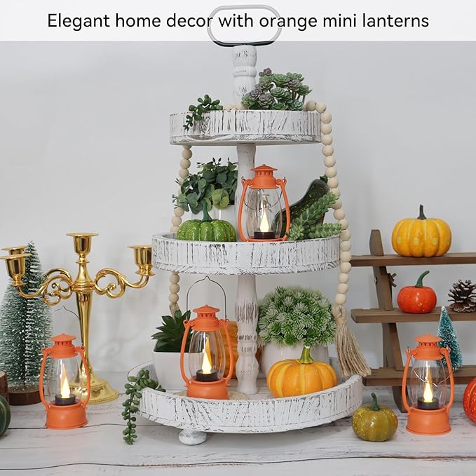 6Pcs Orange Mini Lanterns for Western Cowboy Party & Camping Decor, Small Western Lantern with LED Flickering Candle for Fall Halloween Christmas Wedding Festive Decorations, Centerpiece Table