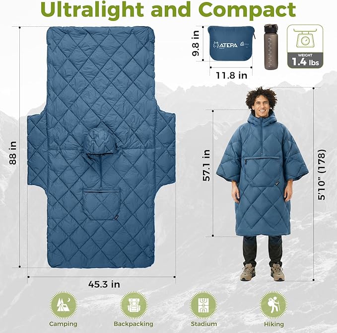 ATEPA Wearable Sleeping Bag, Recycled Water-Resistant Camping Blanket Poncho, Ultralight Packable Stadium Blanket for Outdoor