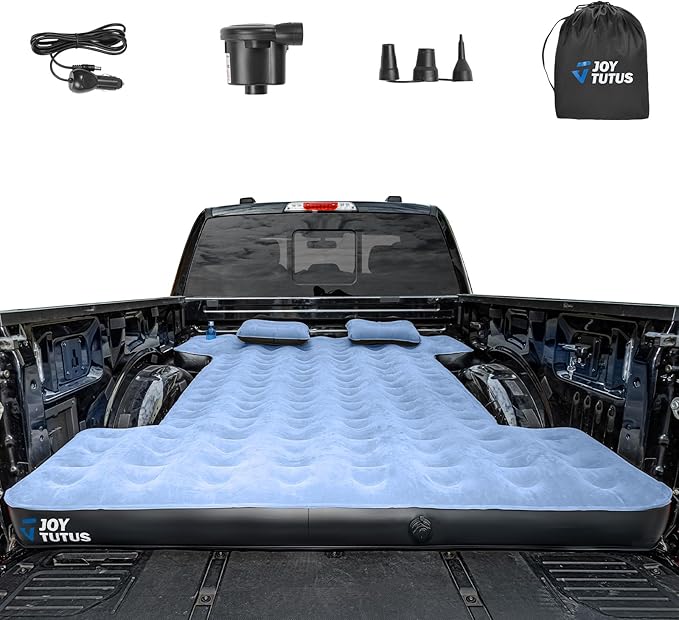 JOYTUTUS 6.4-6.7Ft Truck Bed Air Mattress with Built-in Cup Holder,Thickened Inflatable Full Size Regular Truck Beds, with Air Pump&2 Pillows
