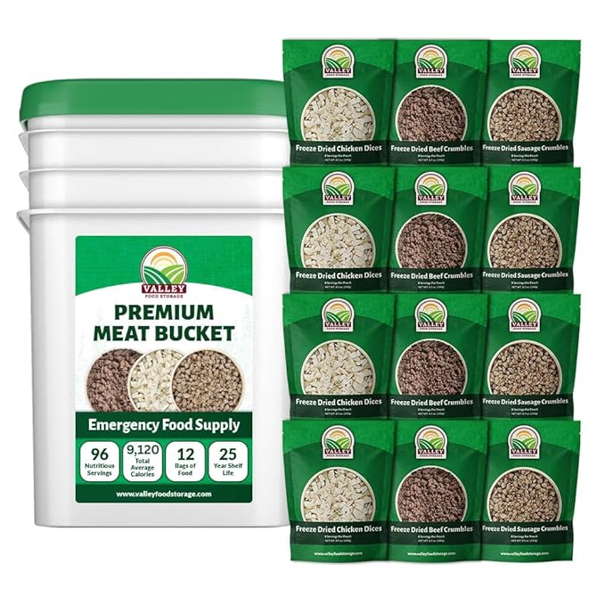 Valley Food Storage 92 Serving Freeze Dried Meat Bucket | Premium Emergency Food Supply with 1,352g Protein | Survival Food, 25 Year Shelf Life | Backpacking Meals, Prepper Supplies & Off-Grid Living