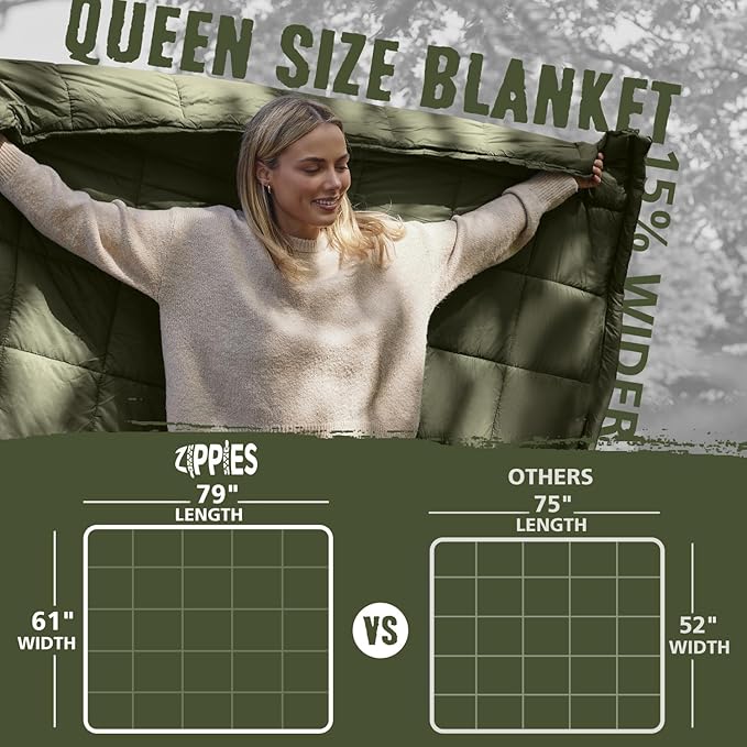 ZIPPIES 3M Thinsulate Insulation Puffy Camping Blanket for Cold Weather, Queen Size Warm Camping Quilt with Zipper, Waterproof Outdoor Sleeping Bag for Hammock, Cozy & Versatile Gift for Men and Women