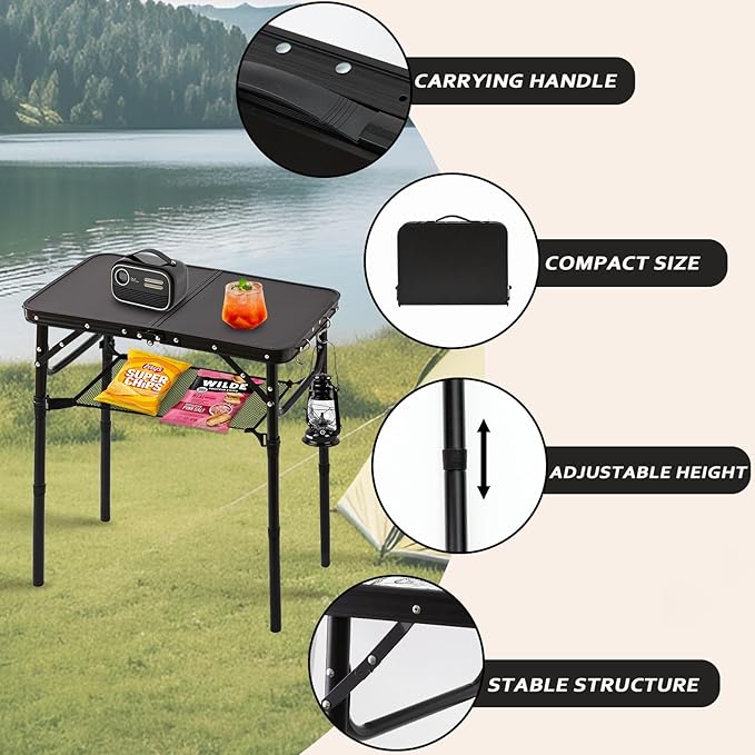 YihuiKo Folding Picnic Table with Storage Net, Matte Black Aluminum Folding Table 23.6" x 15.8", Adjustable Height Max 27.5", Lightweight Portable for Camping Travel Grill Indoor
