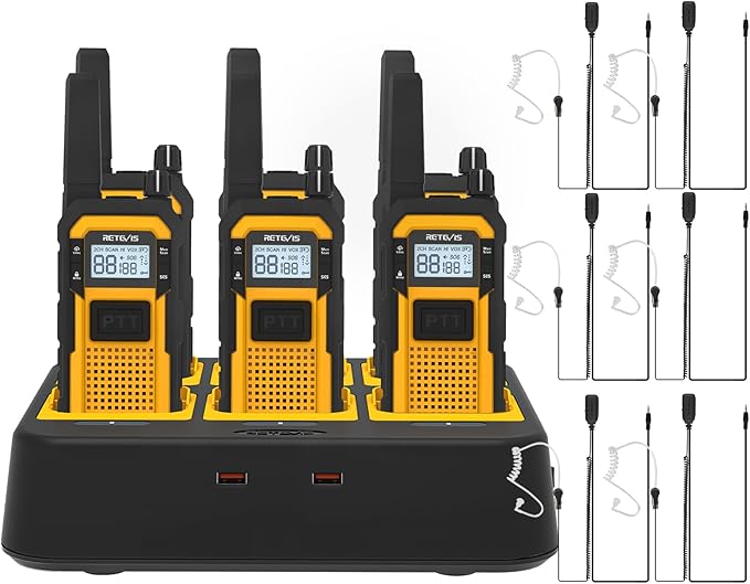 Retevis RB48 2 Way Radio Long Range, MIL-STD 810H Heavy Duty Walkie Talkies with Earpiece, Support VOX, Advanced Triple Proof, 2000mAh, NOAA, Vibration Reminder(6 Pack with Gang Charger)