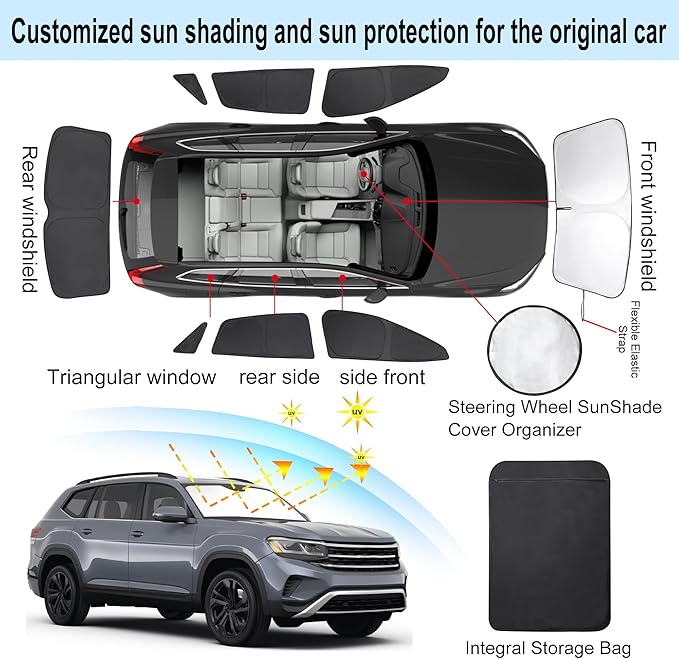8PCS Windshield Sun Shade Custom Fit for 2021-2024 2025 2026 Volkswagen VW ID.4 Accessories Foldable Sunshade Side Rear Window Shade Cover Full Set Privacy Protection Keeps Car Cool