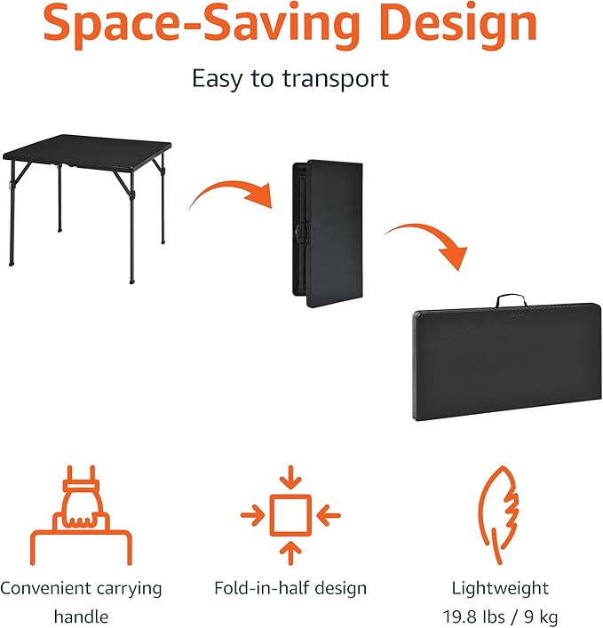 Amazon Basics 34 inch Portable Sturdy Folding Dining Table with Carrying Handle, Space Saving Storage, Square, 33.9 x 29.1 x 33.9 inch, Black | Folding, Portable, with Carrying Handle