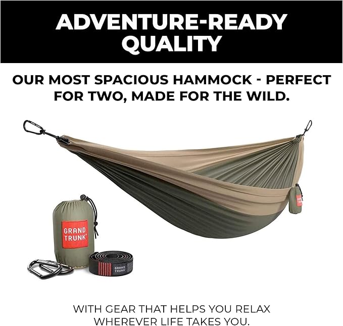 Grand Trunk Double Deluxe Hammock | Ultra-Strong & Lightweight | 11 ft Hammock with Ripstop Nylon | 500 lb Capacity | Fast-Drying & Weather-Resistant | Olive Green/Khaki