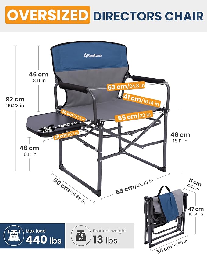 KingCamp Oversized Camping Directors Chair with Side Table, Compact Design Heavy Duty 440lbs, Folding Portable Padded Camp Chairs with Extra Wide Seat & Anti-Sag Fabric for Outdoor Fishing Sports Lawn