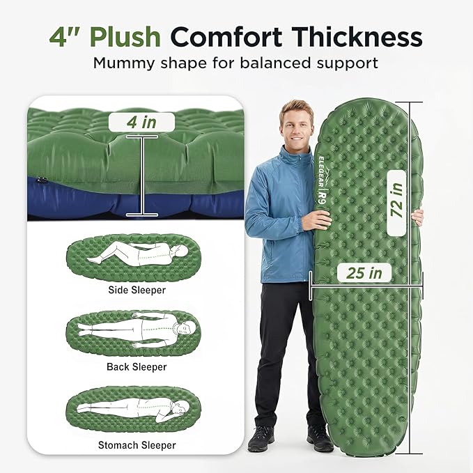 Elegear CumbreX™ Sleeping Pad for Camping with 9 R-Value, Ultralight Camping Sleeping Mat for All Seasons, Insulated Backpacking Sleeping pad, Ripstop Camping Mattress for Outdoor Hiking Tent