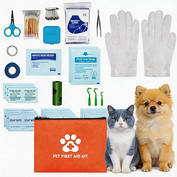 Portable Pet First Aid Kit, Emergency Kit for Dogs and Cats with Tick Remover Tools, Thermal Blanket Portable Waterproof Case for Hiking, Travel, Home, Car Use（102 pcs