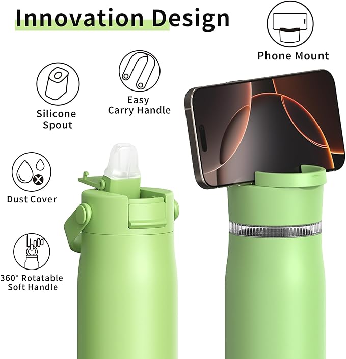 LISI 24oz Insulated Water Bottle, Double Wall Stainless Steel Water Bottles with Straw, 100% Leak-Proof Travel Thermal Canteen Mug with 2 Lids (Straw, Phone Holder Lid)