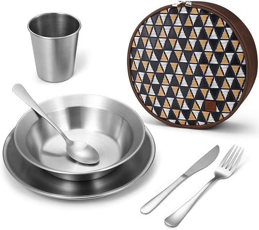 Odoland Stainless Steel Camping Mess Kit for Family & Person, Cooking Tableware Utensils with Plates Bowls Forks Spoons Knives & Savings Bag for Camping, Backpacking, Hiking, Picnic