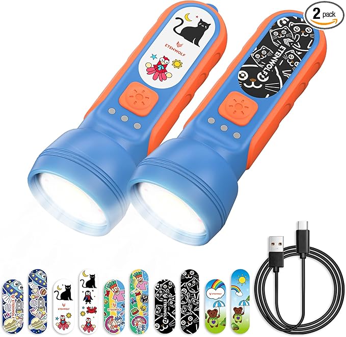 ETENWOLF L1 Rechargeable Flashlight for Kids(2-Pack),LED Flashlight with Fun DIY Stickers, 6 Light Modes, Adjustable Brightness, 1500mAh, IPX5 Waterproof Flashlight for Camping, Home & Emergency