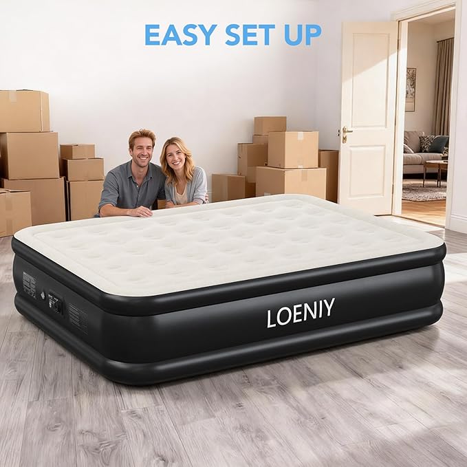 Queen Air Mattress with Built in Pump, 18” High Inflatable Mattress with Storage Bag, 3 Mins Easy Inflation/Deflation, 800lbs Heavy Duty Blow up Mattress, Flocked Top Air Bed for Home & Guests