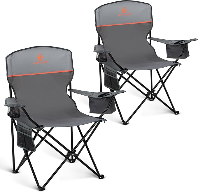 ALPHA CAMP Camping Chairs 350LBS Capacity, Heavy Duty Folding Chair with 4-Can Cooler Bag, Portable Outdoor Chair with Cup Holder for Adults, Collapsible for Tailgating, Beach, Fishing,Black,2PC