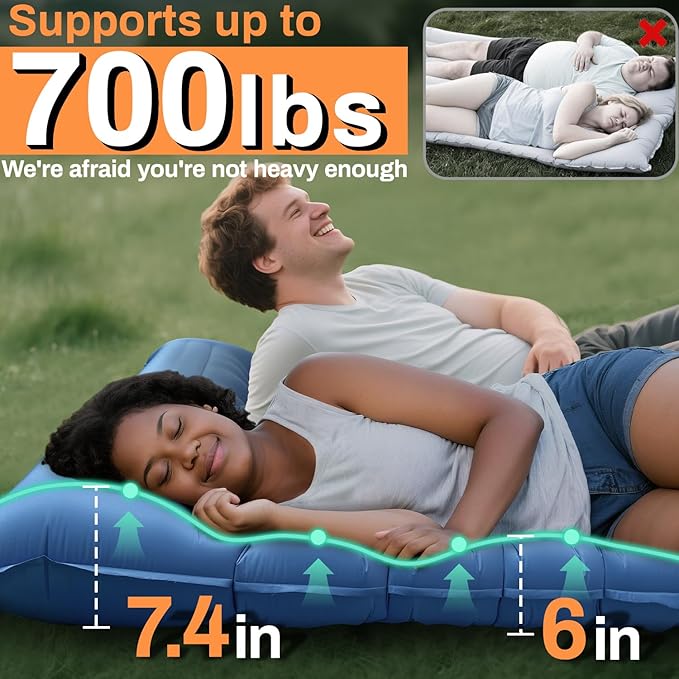 Double Sleeping Pad for Camping, Extra Thick 6 Inch Sleeping Mat Camping for 2 Person Self Inflating Camping Pad with Built-in Pillow & Foot Pump Inflatable Camping Mat for Backpacking Hiking Tents