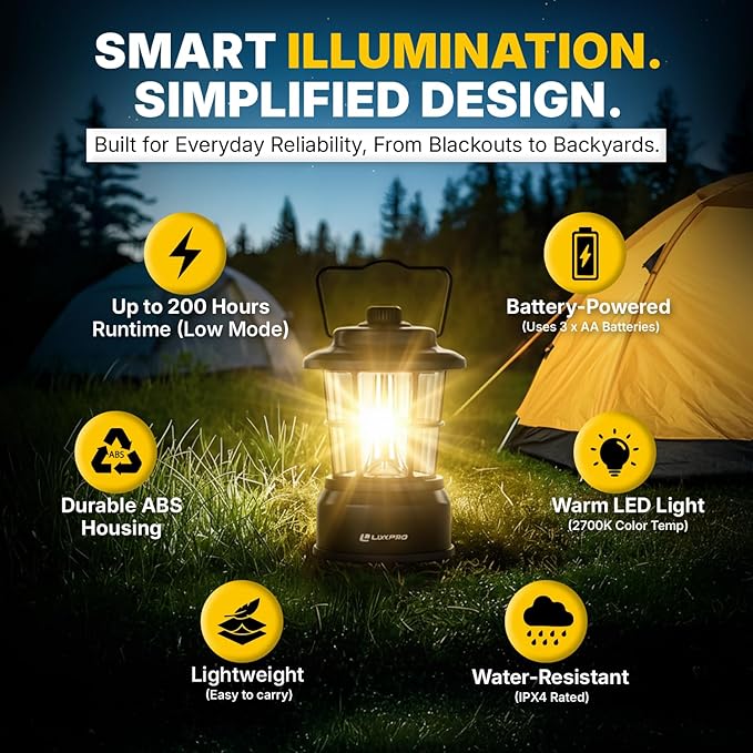 LUXPRO Retro LED Lantern - Battery-Powered Emergency Lantern - Water Resistant - Bright LED Lamp for Indoor & Outdoor Use - Use for Tents, Hiking or Hurricane Prep (Black, Pack of 2)