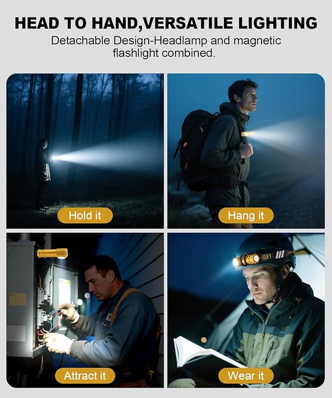 High Lumens LED Rechargeable Headlamp for Adults - Hard Hat Light Running Head Lamp with Red Light, Magnet, 180° Tilt, 7 Modes, Detachable Flashlight & Headband, Outdoor, Emergency 1PC, Gold