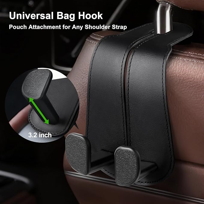 CoBak Extra Wide Car Seat Back Hooks, Premium Stitched Leather Headrest Hangers with Wide Slot Structure, Universal for Any-Width Purses, Handbags, Bags (2 Pack),Black