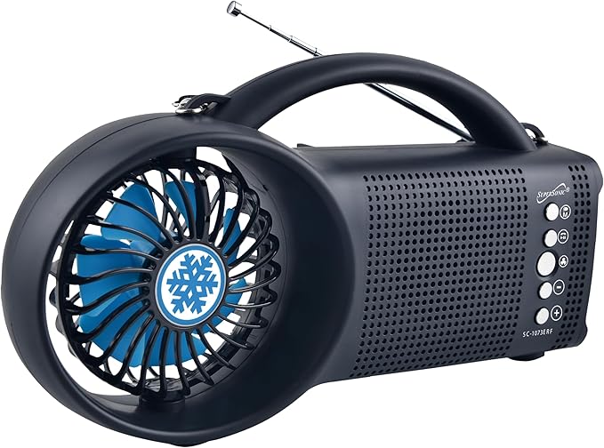 Supersonic SC-1073ERF Solar Power Bluetooth Speaker with FM Radio, LED Torch Light and Fan USB/SD Input, FM Radio, 3 Wind Speed, for Picnic, Barbecue, Camping, Hurricane Emergency
