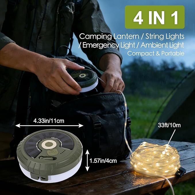 PHILORN Solar Camping String Lights, 33FT Rechargeable Tent Lantern String with 5 Lighting Modes, 4 in 1 Quick Storage Hanging Waterproof LED Lamp for Outdoor Patio Awning Garden Party