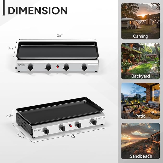ROVSUN 4 Burner Portable Propane Griddle with Nonstick Enameled Tray, 40,000 BTU Tabletop Flat Top Gas Grill with Electronic Ignition & Regulator for Outdoor Cooking Camping BBQ Tailgating