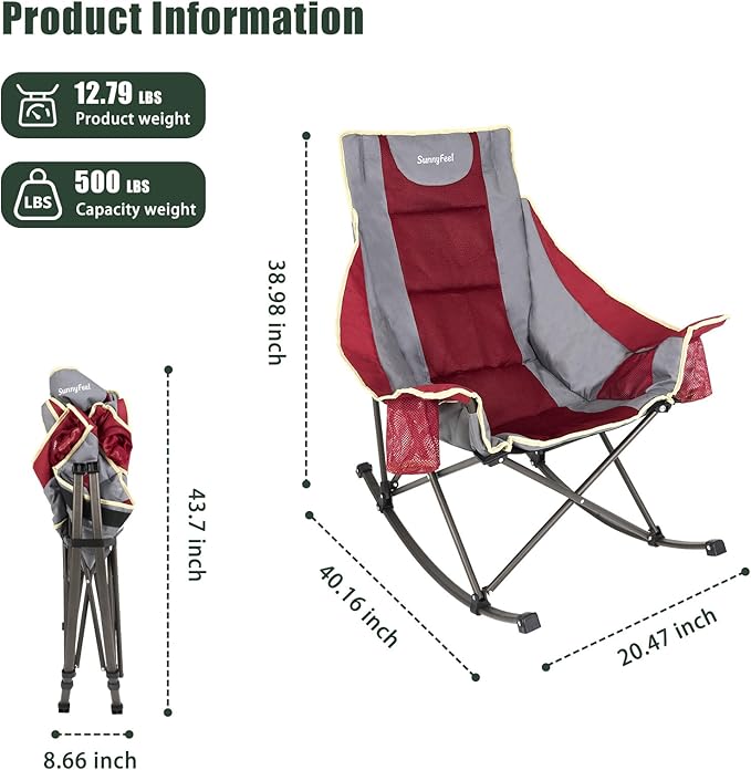 SUNNYFEEL Rocking Camping Chair Fully Padded Patio Folding Chair Portable Oversized Outdoor Rocker High Back Lawn Recliner with Side Pocket Camp Rocker Chairs for Adults Heavy Duty 500 LBS Red