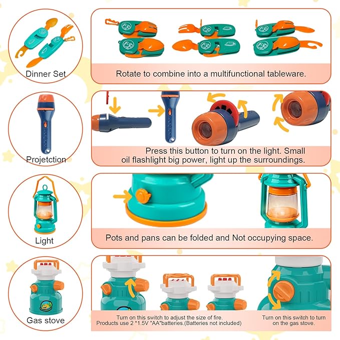 Qtioucp Kids Camping Set Pop Up Play Tent & Space Projector Flashlight- Outdoor Campfire Toy for Toddlers Kids - Pretend Play Camp Gear Tools for Birthday Christmas