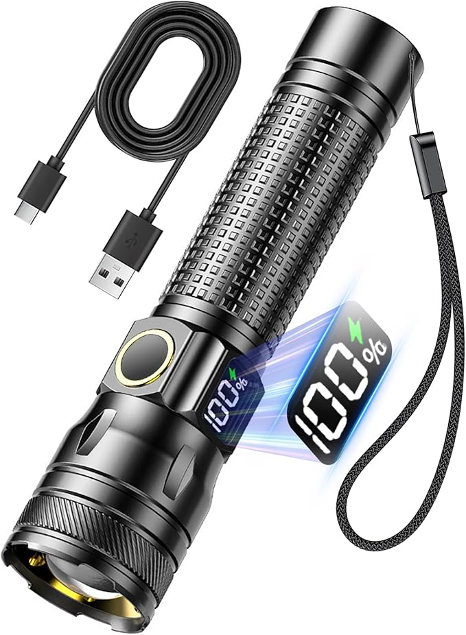 Gotellx Rechargeable LED Flashlights with Digital Power Display, Zoomable High Lumens Bright EDC Flashlight with USB C Charging Port for Home and Outdoor Emergency, Camping Essentials, Survival Gear