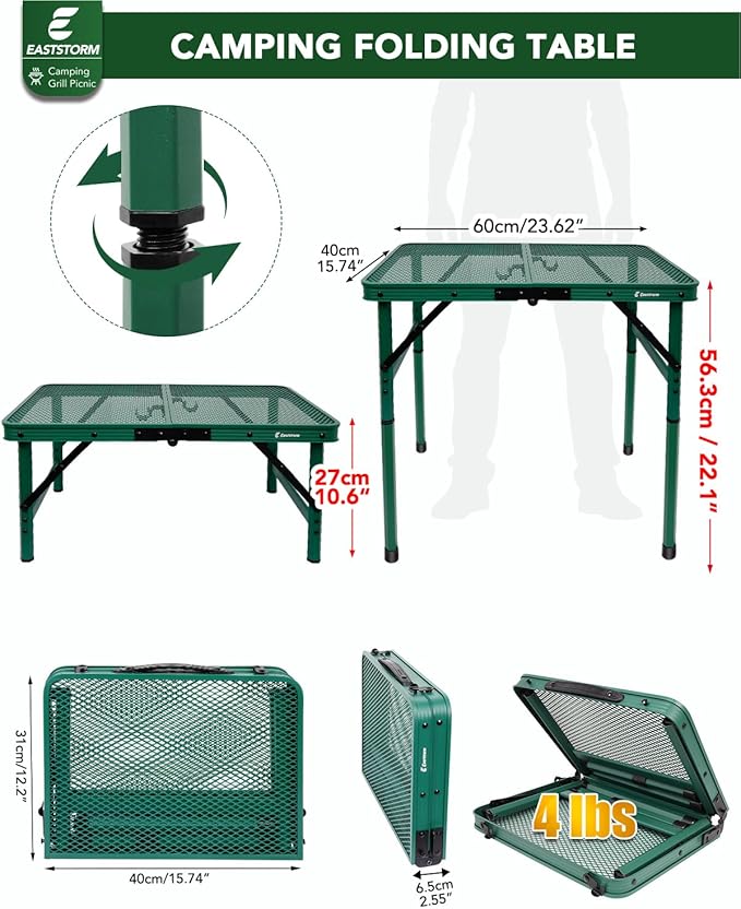 Small 2ft Folding Table with Carry Handle, Adjustable Height 10.6" or 22", Green Metal Mesh, Portable & Compact Indoor/Apartment/Card/Side/Grill Table, 23.6"Lx15.8"W, Lightweight 4 lb, 66 lb Capacity