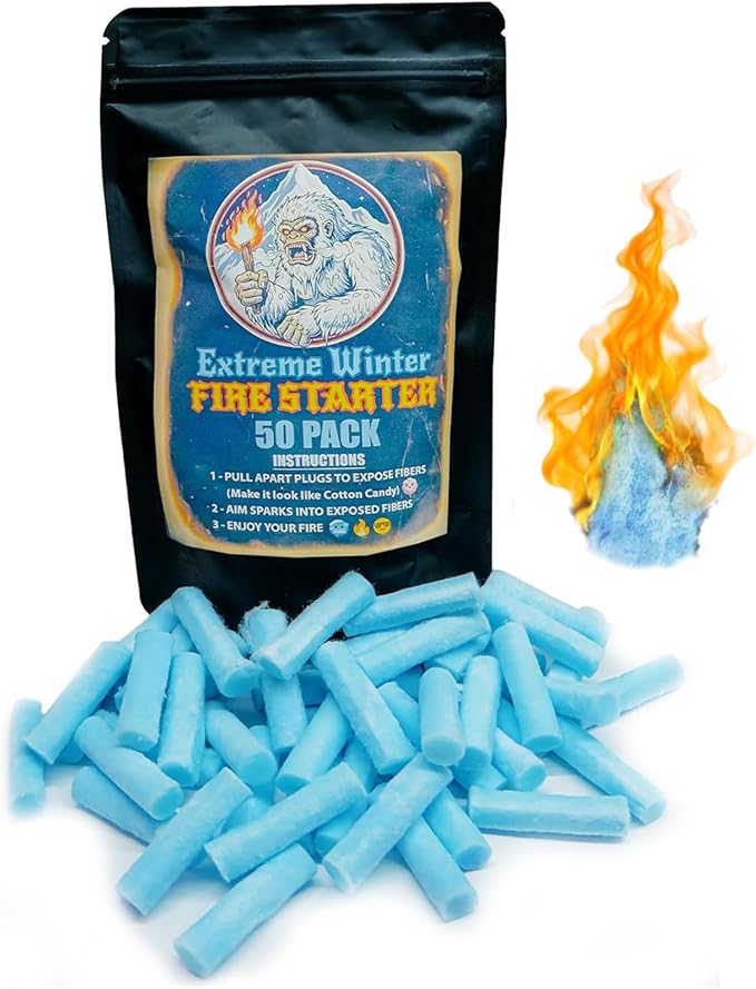 FIRE Starter Plugs (50 Pack) Extreme Winter & Weather Resistant Can Light 50+ Fires for Survival, Campfires, Fireplace, BBQ, Grill, Extra Long Burn Time | Perfect for Emergency Survival Kits