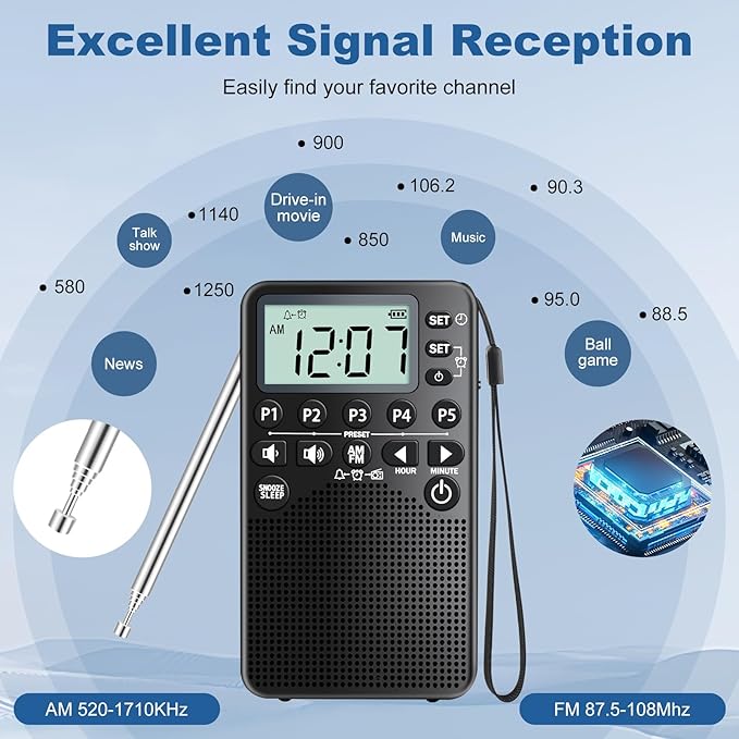 Battery Operated Portable Pocket AM/FM Radio | Digital Tuning, Loud Speaker, Excellent Reception | Portable Emergency & Outdoor Radio with LCD Screen, Alarm Clock, Preset, Sleep Timer, Snooze