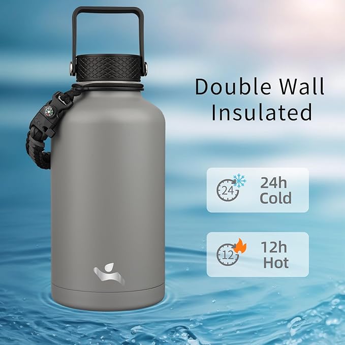 Konokyo Half Gallon Insulated Water Bottle with Straw,64 oz 3 Lids Water Jug with Carrying Bag,Paracord Handle, Double Wall Vacuum Stainless Steel Metal Flask,Sky
