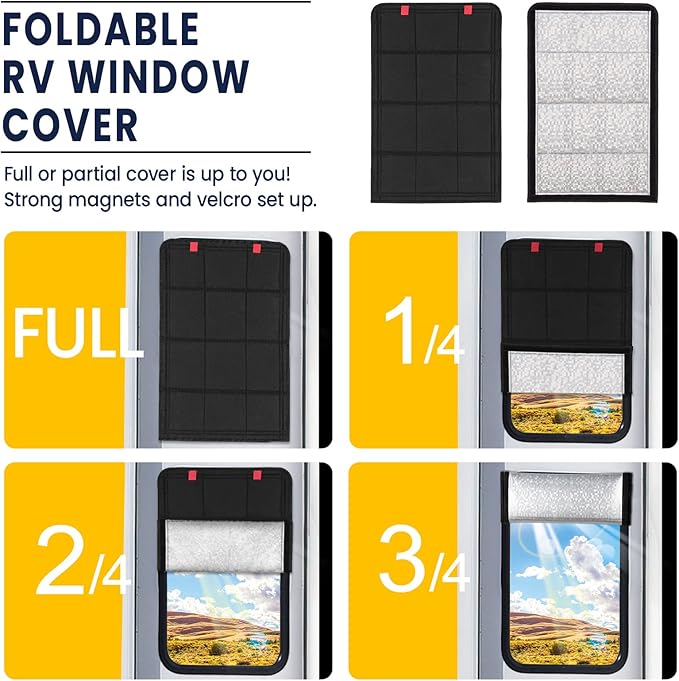 funomo RV Door Window Shade, Foldable Magnet RV Blackout Window Cover, UV Rays Protection Camper Trailer Window Cover, Waterproof Thickened Oxford and Silver Fabric with Storage Bag (Black Silver)