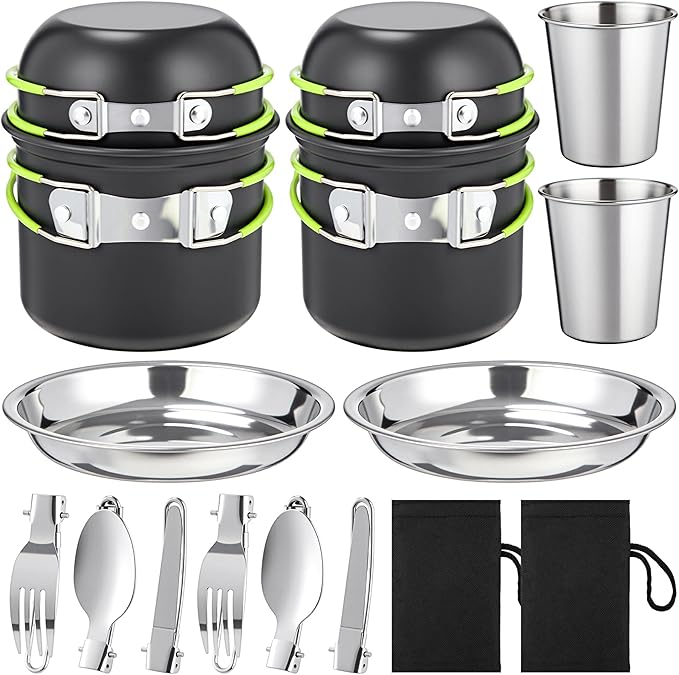 18 Pcs Camping Cookware Mess Kit, Lightweight Pot Pan Mini Stove 2 Set Stainless Steel Cups Plates Forks Knives Spoons Backpacking Cooking Set for Camping, Hiking, Backpacking and Picnic