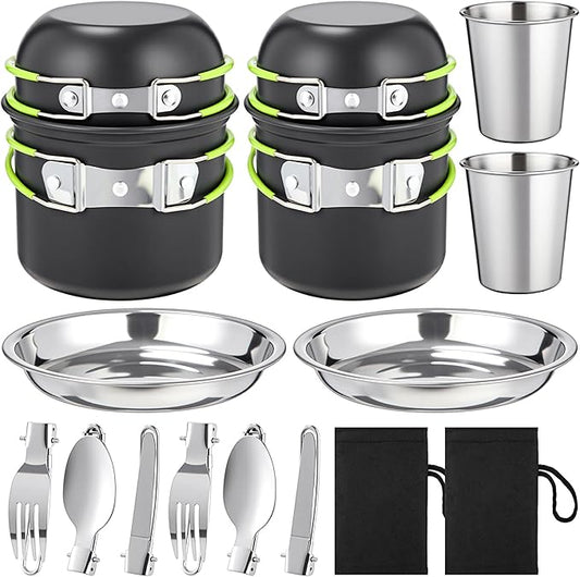 18 Pcs Camping Cookware Mess Kit, Lightweight Pot Pan Mini Stove 2 Set Stainless Steel Cups Plates Forks Knives Spoons Backpacking Cooking Set for Camping, Hiking, Backpacking and Picnic
