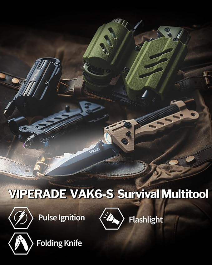 VIPERADE VAK6-S Survival Multitool with Folding Knife, LED Flashlight and Pulse Ignition, EDC Pocket Knife for men, Rechargeable Flashlight with Belt Sheath (Beige)