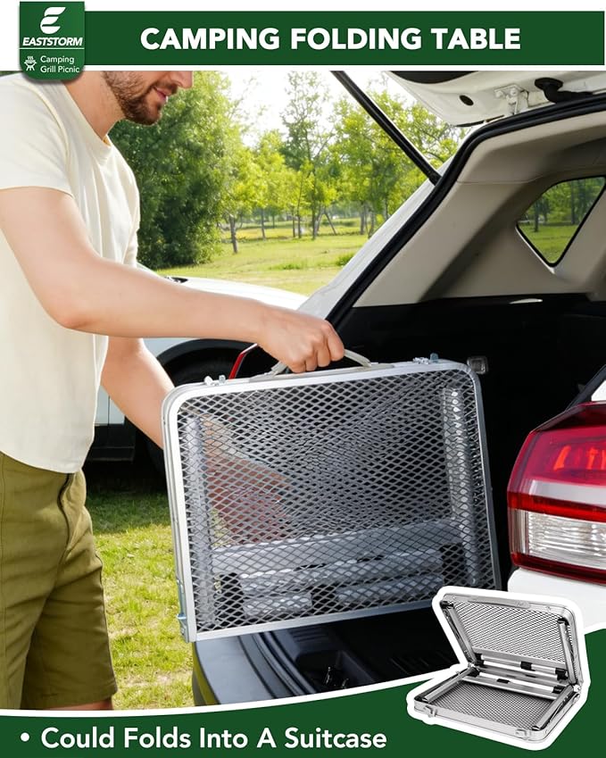 Small 2ft Folding Table with Carry Handle, Adjustable Height 10.6" or 22", Silver Metal Mesh, Portable & Compact Indoor/Apartment/Card/Side/Grill Table, 23.6"Lx15.8"W, Lightweight 4 lb, 66 lb Capacity